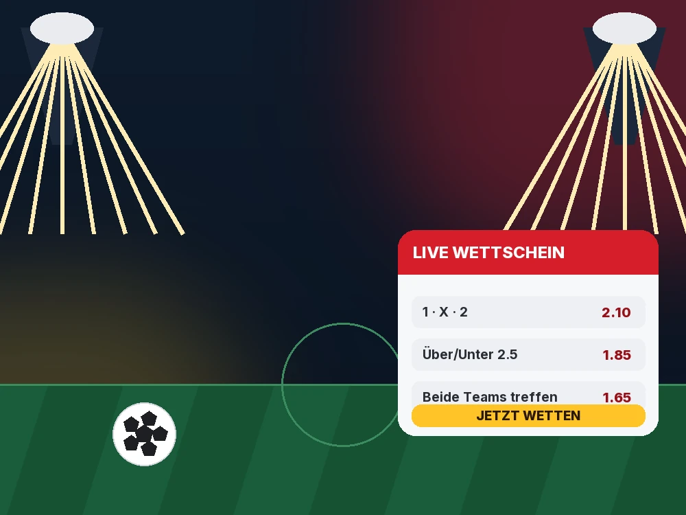 Illustration eines Live-Wettscheins mit Fußballstadion im Hintergrund